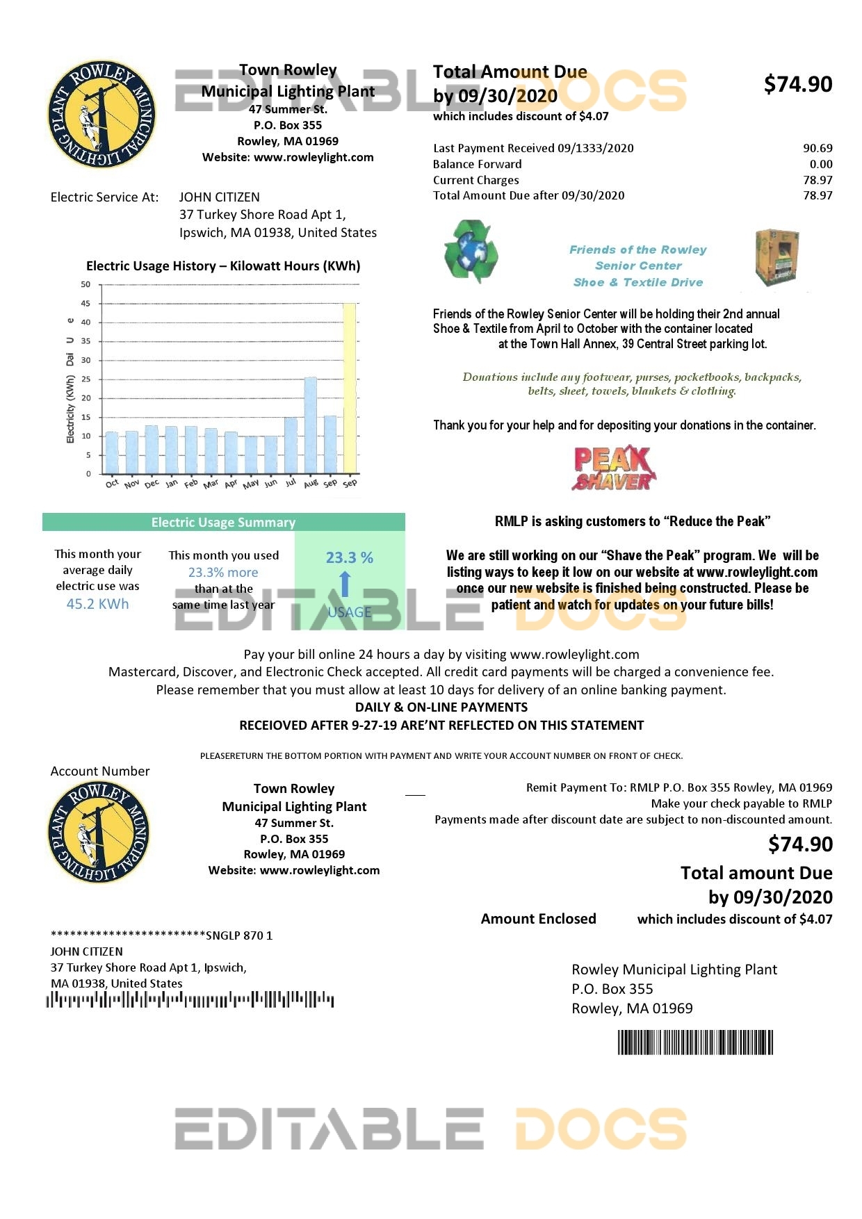 USA Massachusetts Town of Rowley Municipal Lighting Plant electricity utility bill template in Word and PDF format