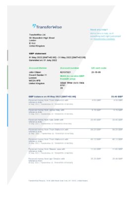 USA TransferWise Finances statement, Word and PDF template