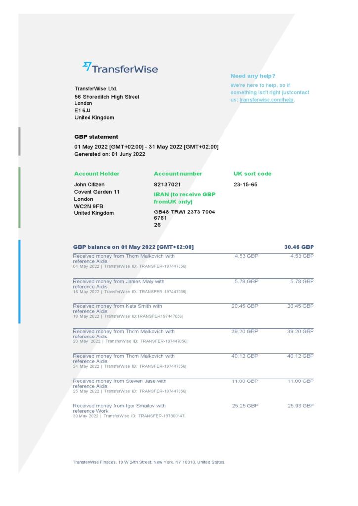 USA TransferWise Finances statement, Word and PDF template