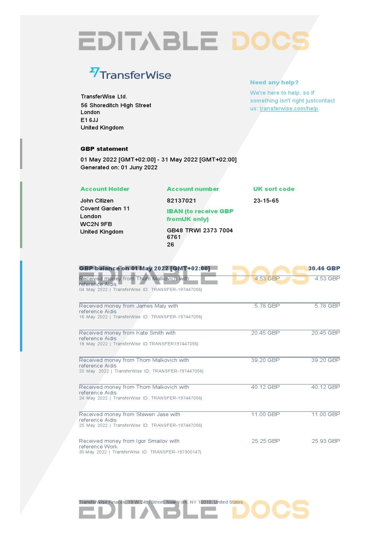 USA TransferWise Finances statement, Word and PDF template