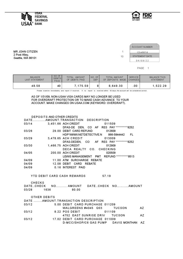 USA USAA bank statement Word and PDF template, 5 pages 1