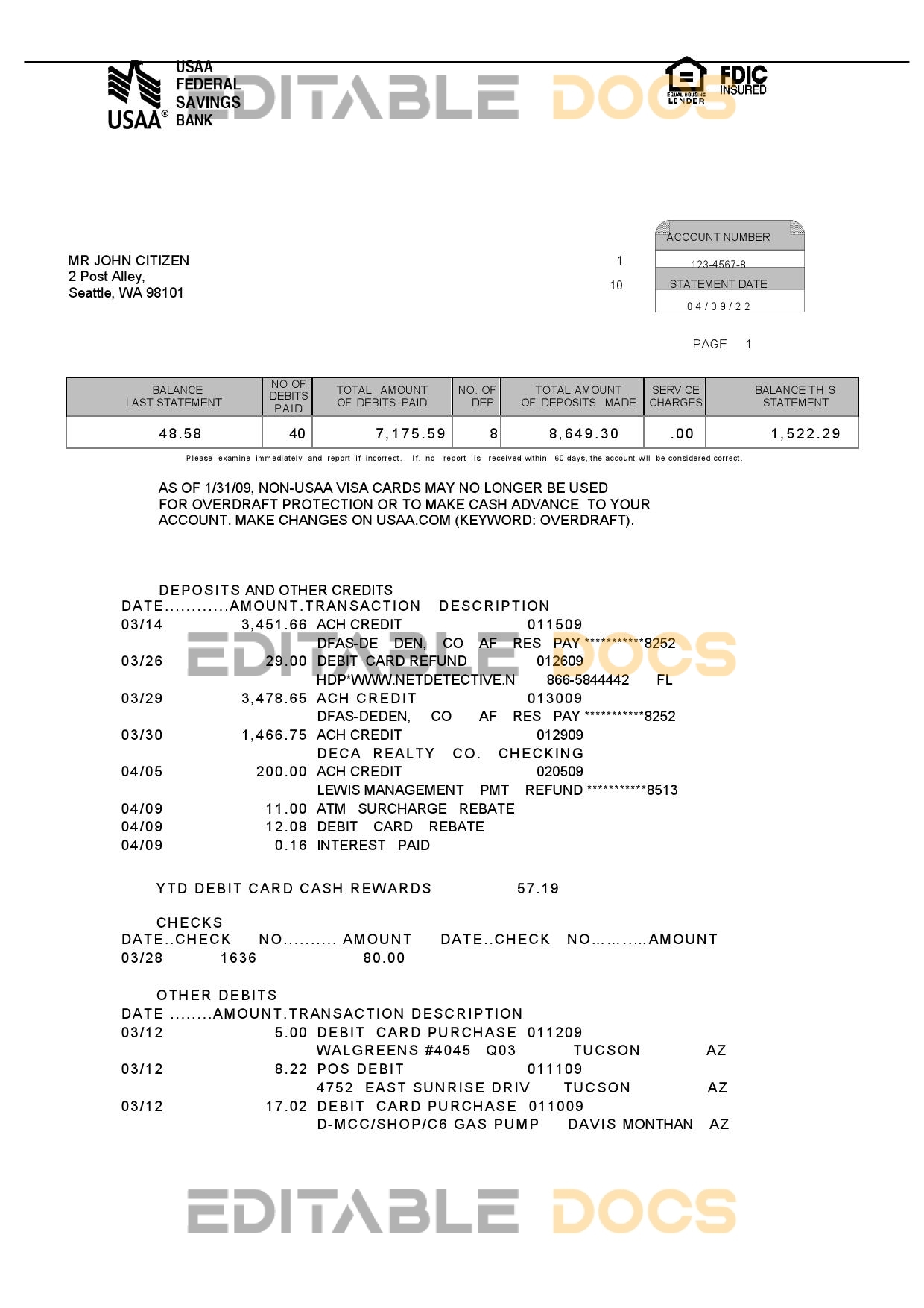 USA USAA bank statement Word and PDF template, 5 pages