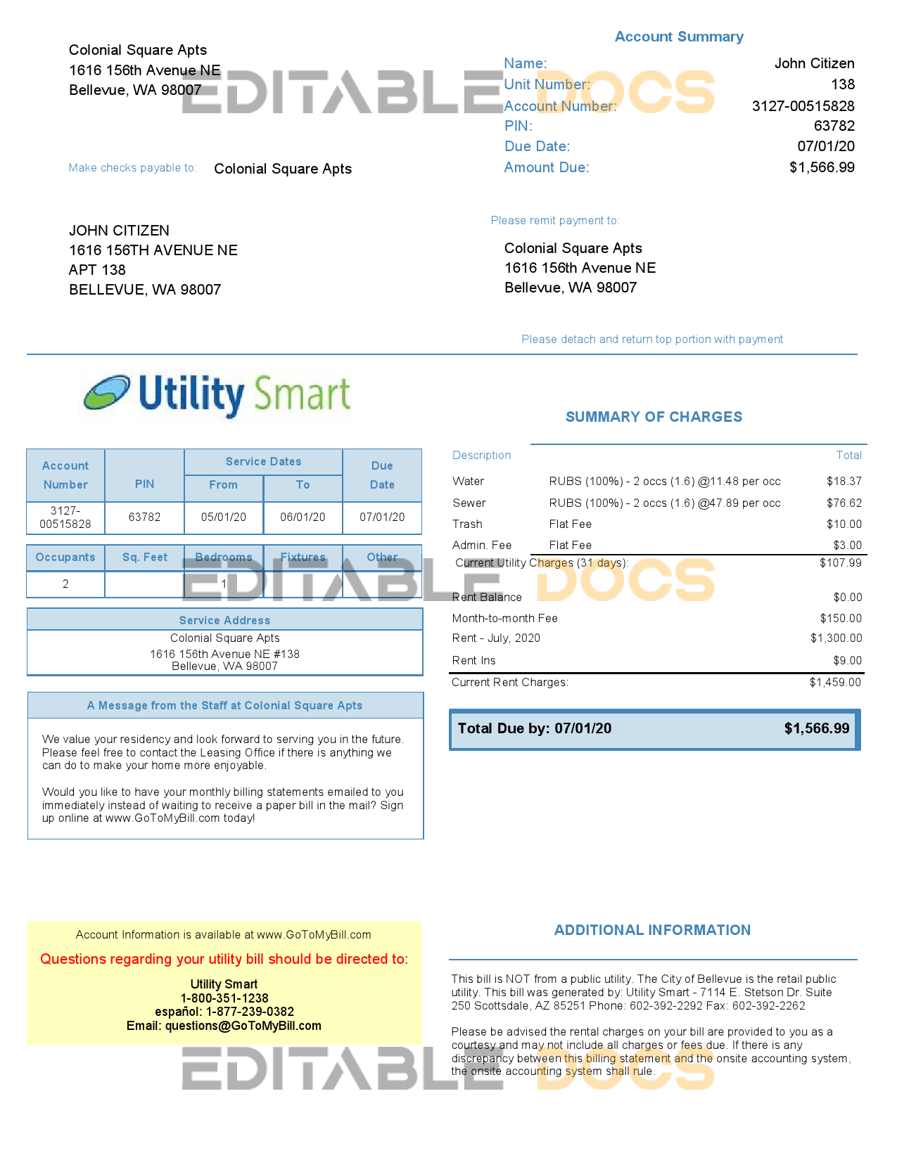 USA Arizona Utility Smart utility bill template in Word and PDF format (.doc and .pdf)
