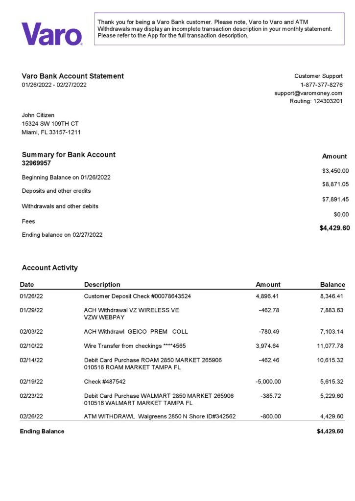 USA Varo bank statement, Word and PDF template, 2 pages, version 2 1