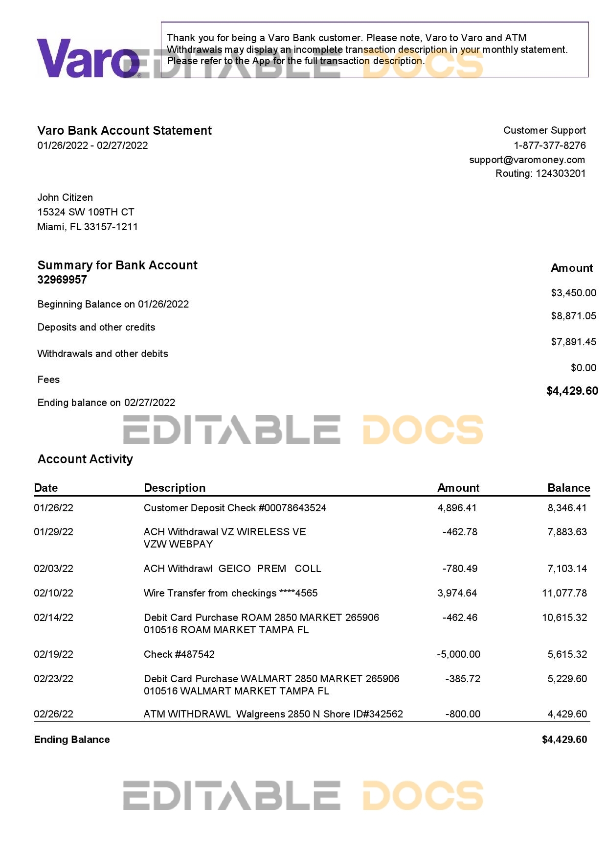 USA Varo bank statement, Word and PDF template, 2 pages, version 2