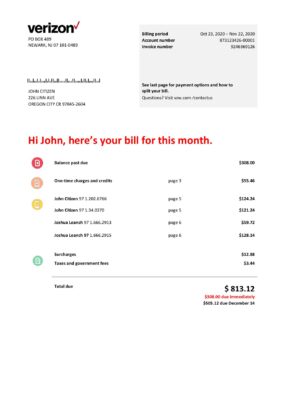 USA Verizon telecommunications utility bill template in Word and PDF format