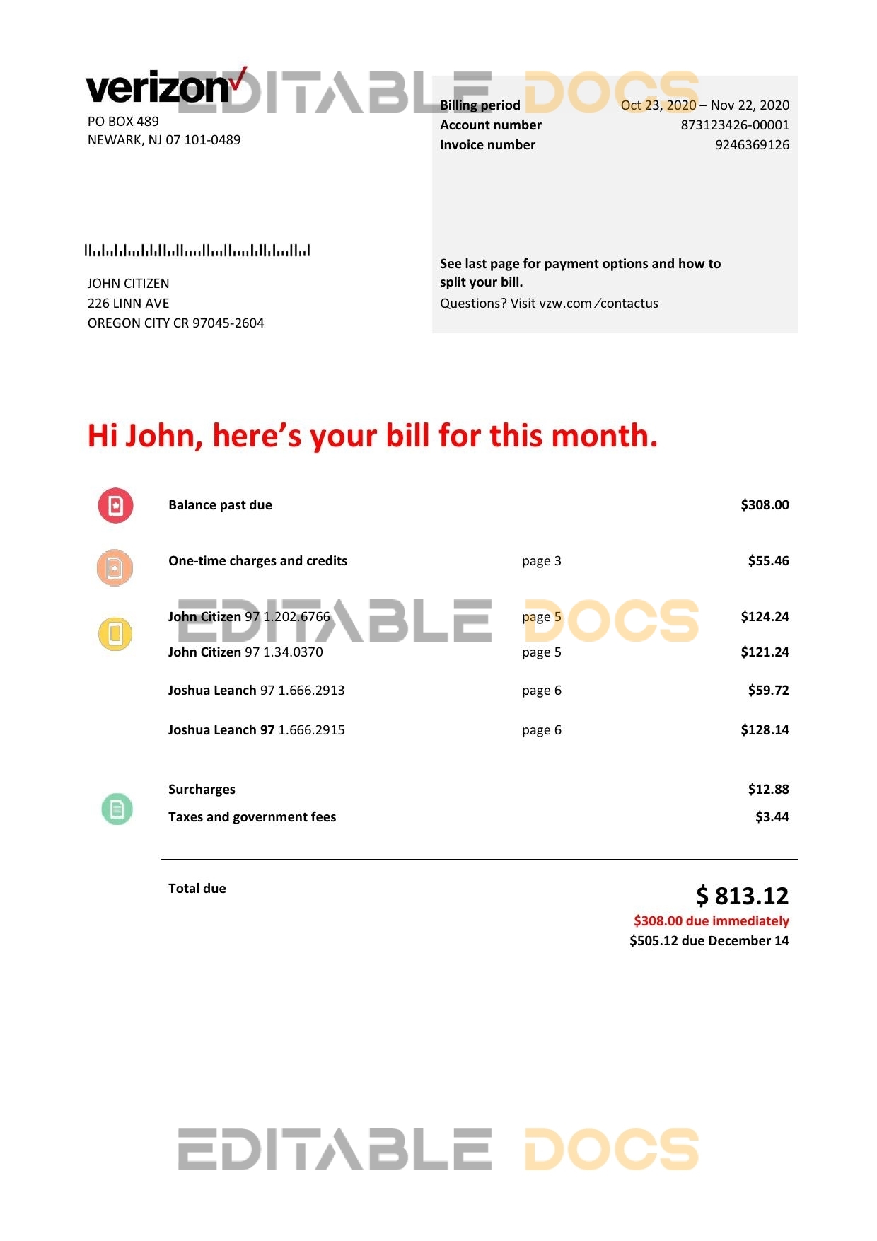 USA Verizon telecommunications utility bill template in Word and PDF format