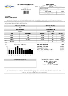 USA Ohio Village of Jackson Center Public Power utility bill template in Word and PDF format