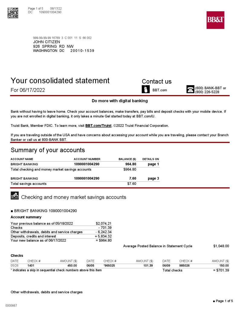 USA Washington BB&T bank statement Word and PDF template, 5 pages 1
