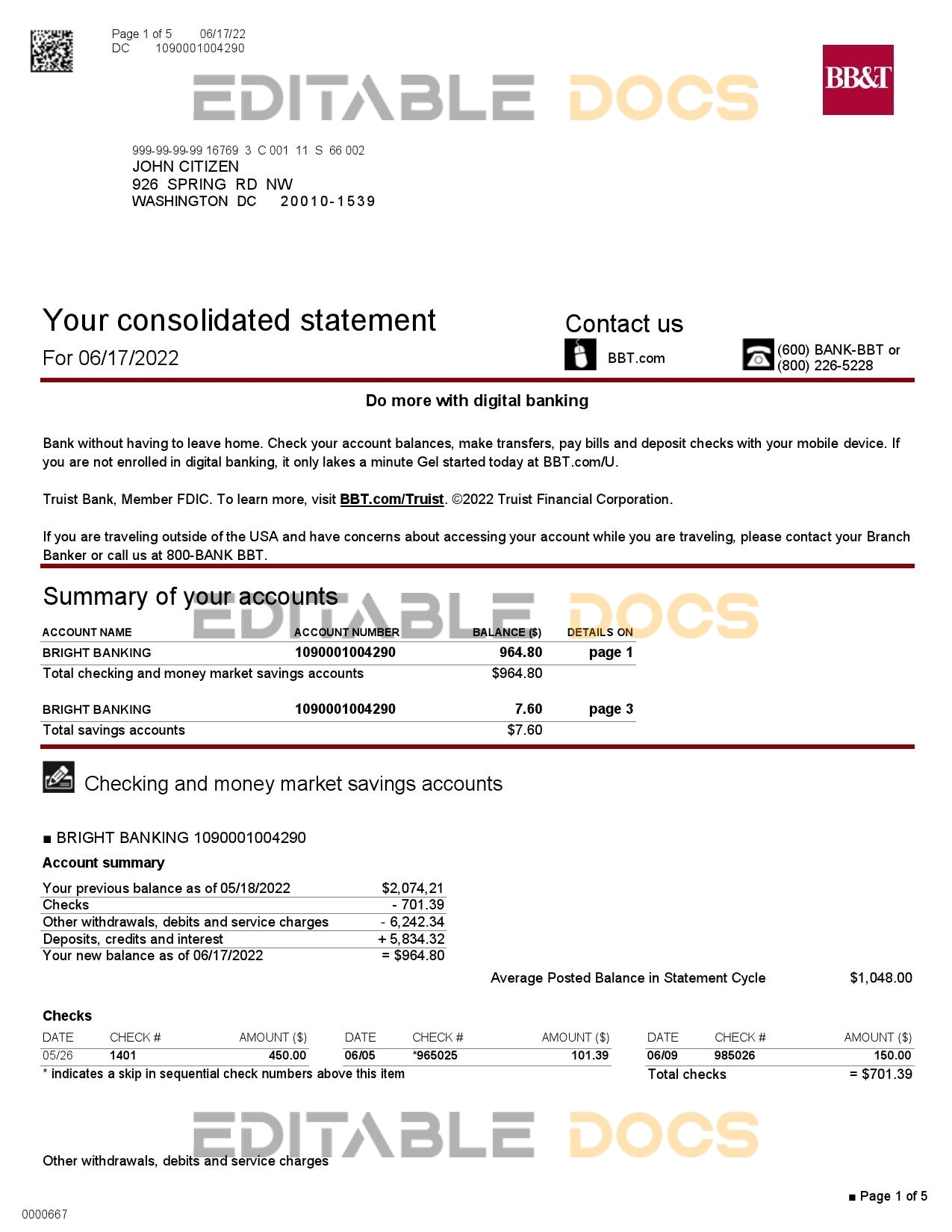 USA Washington BB&T bank statement Word and PDF template, 5 pages