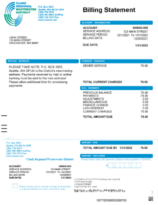 USA Washington Clark Regional Wastewater District utility bill, Word and PDF template