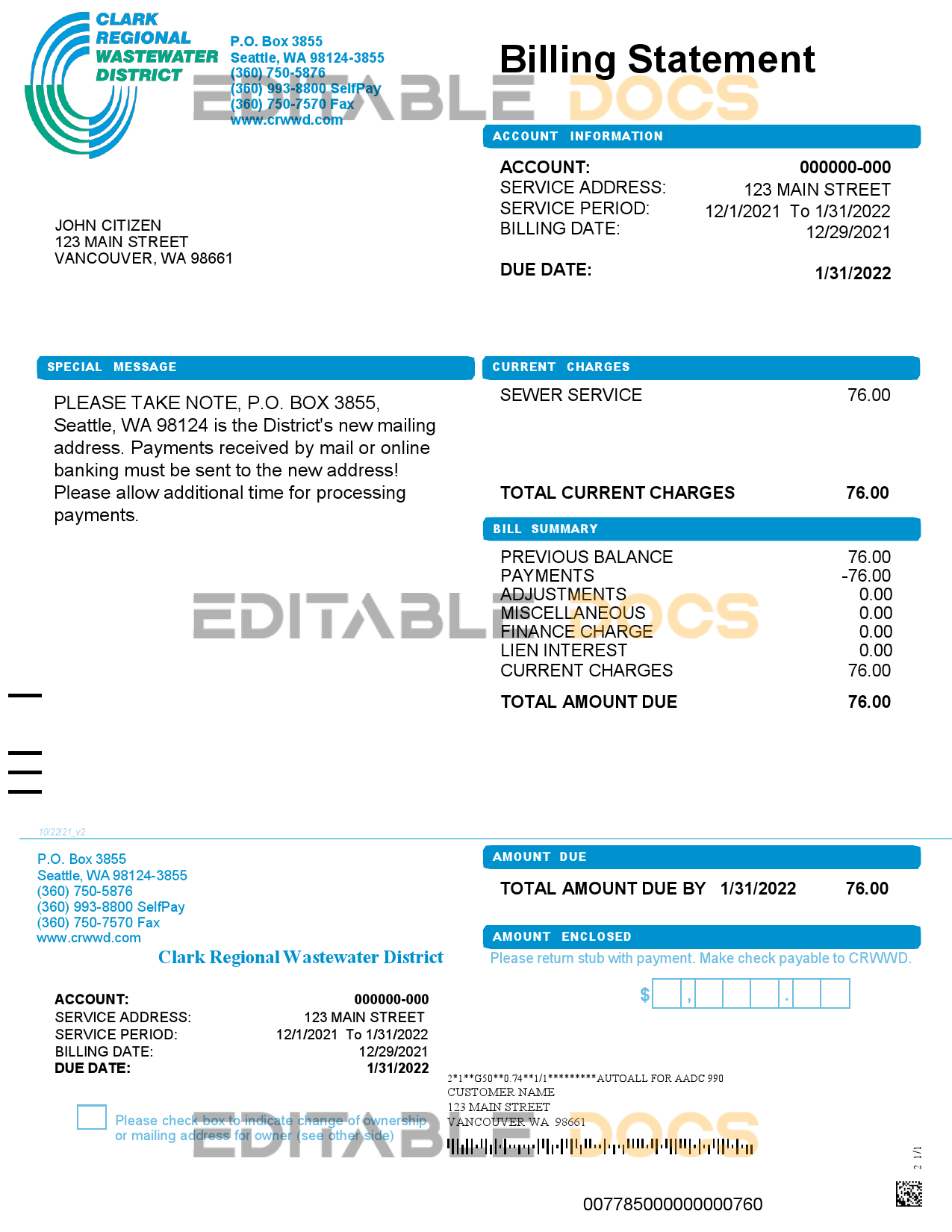 USA Washington Clark Regional Wastewater District utility bill, Word and PDF template
