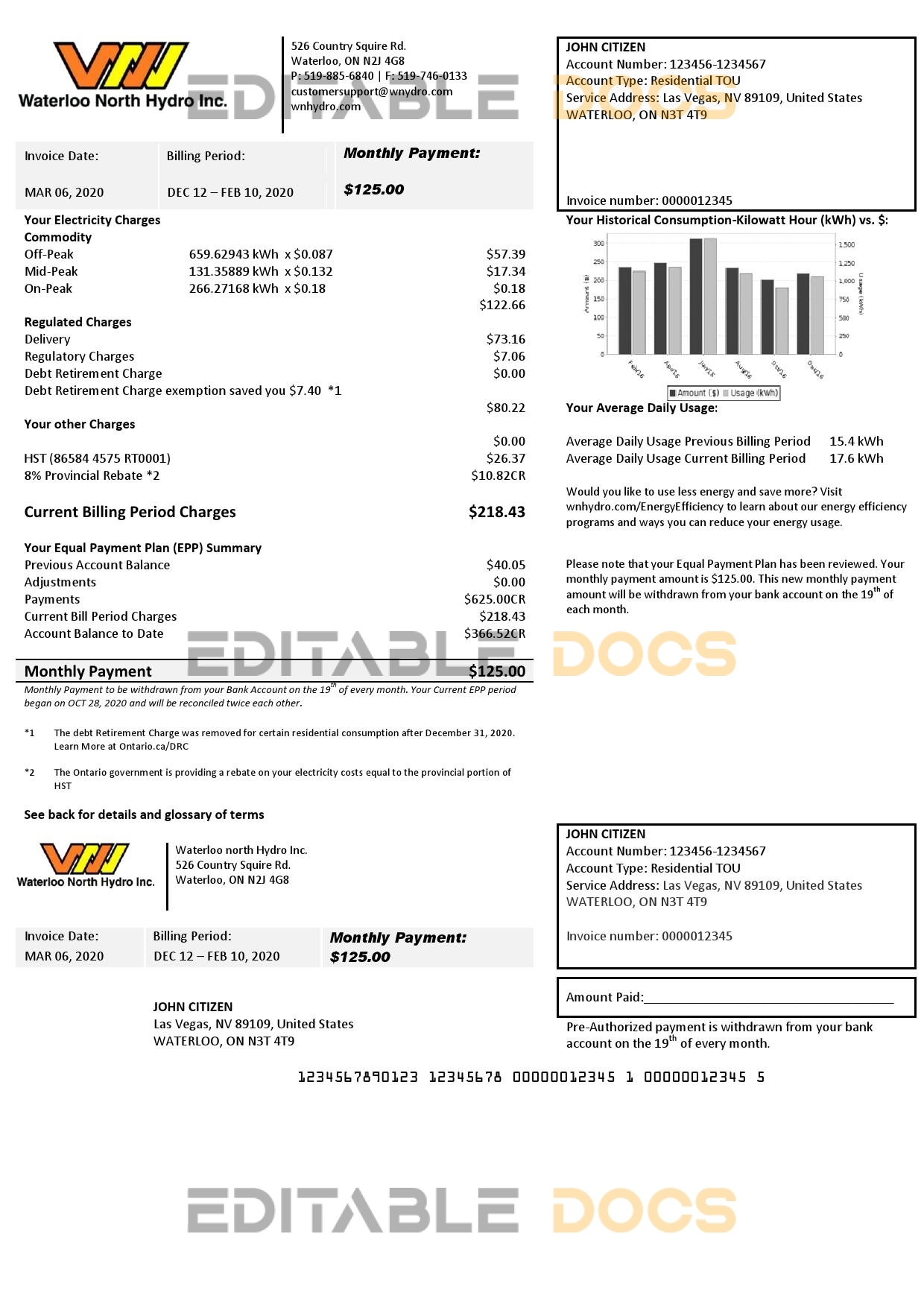 USA Nevada Waterloo North Hydro utility bill template in Word and PDF format