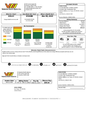USA Nevada Waterloo North Hydro utility bill template in Word and PDF format (version 2)