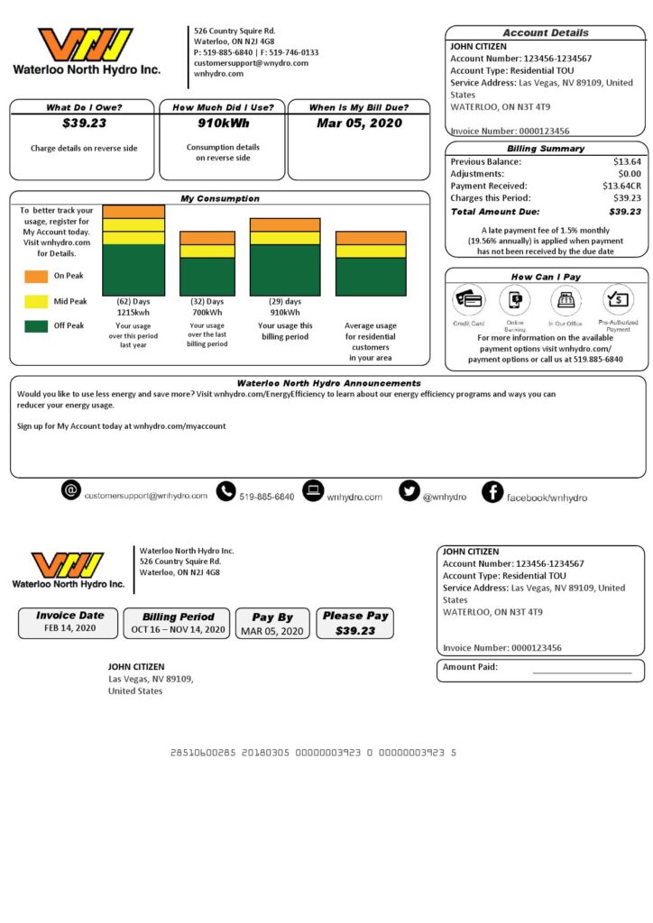 USA Nevada Waterloo North Hydro utility bill template in Word and PDF format (version 2)