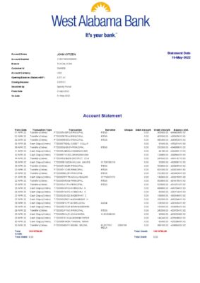 USA West Alabama bank statement Word and PDF template