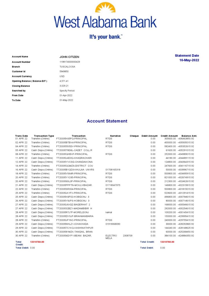 USA West Alabama bank statement Word and PDF template