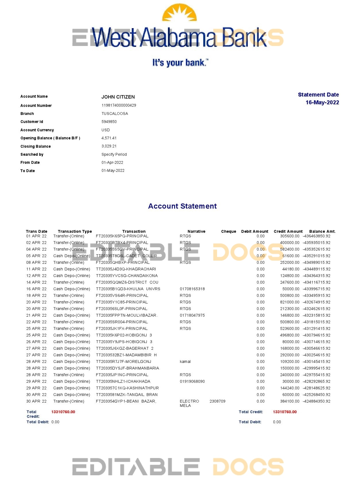 USA West Alabama bank statement Word and PDF template