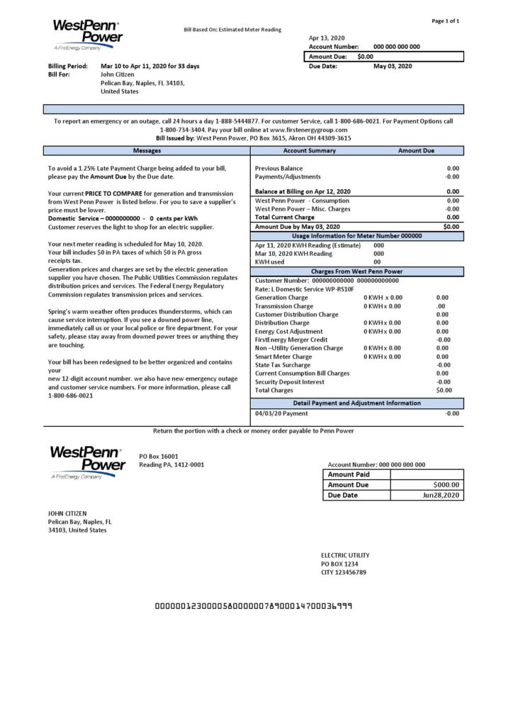 USA Pennsylvania West Penn Power utility bill template in Word and PDF format