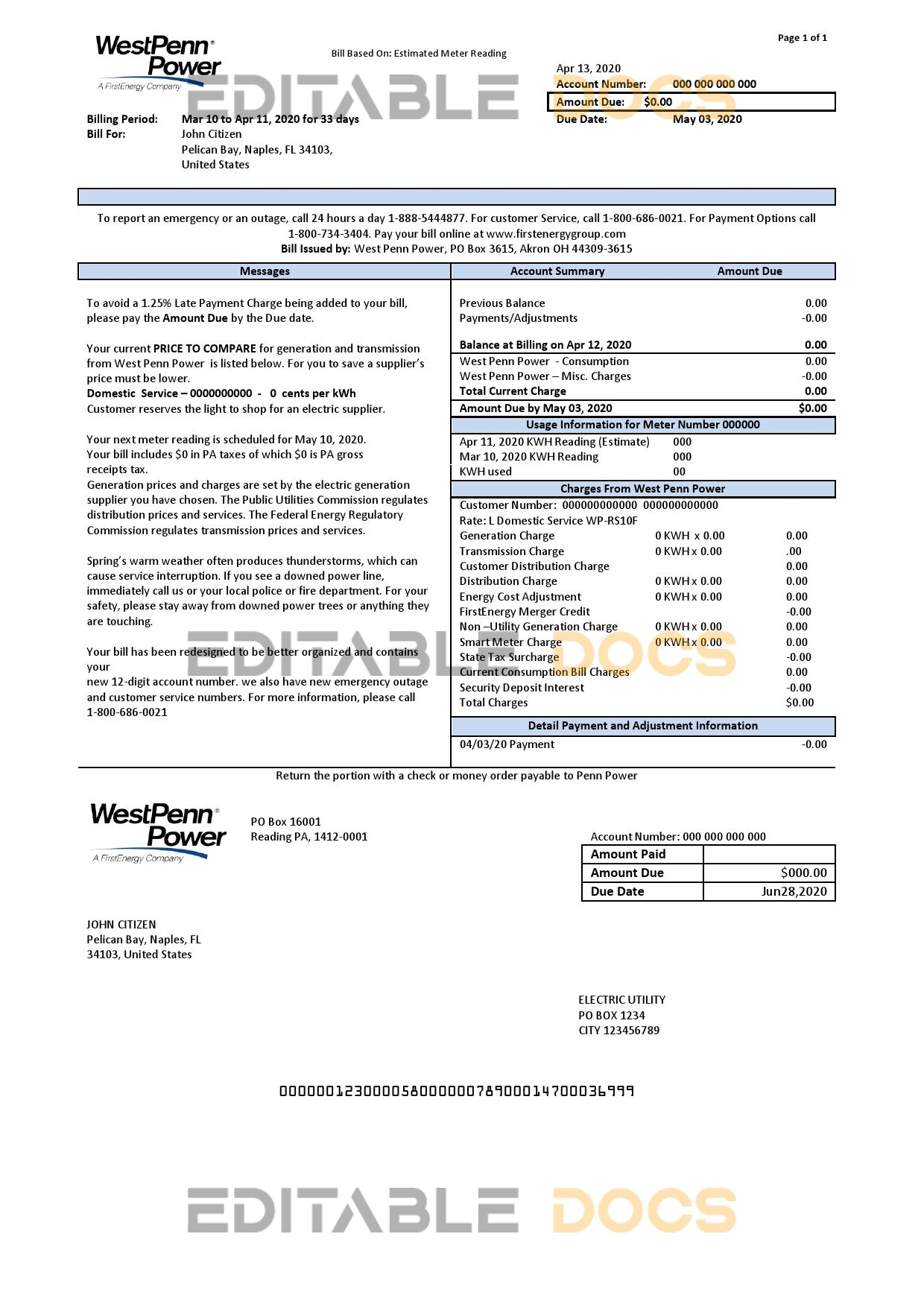 USA Pennsylvania West Penn Power utility bill template in Word and PDF format