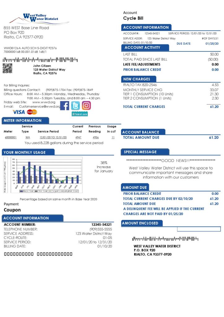 USA California West Valley Water District utility bill template in Word and PDF format