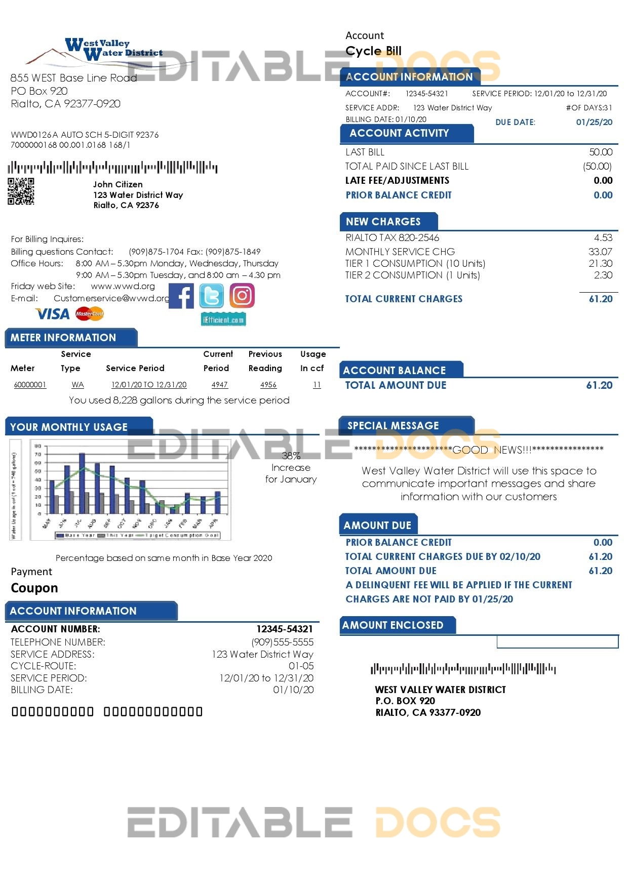 USA California West Valley Water District utility bill template in Word and PDF format