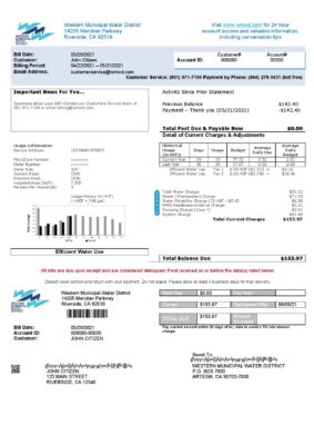 USA Western Municipal Water District utility bill template in Word and PDF format