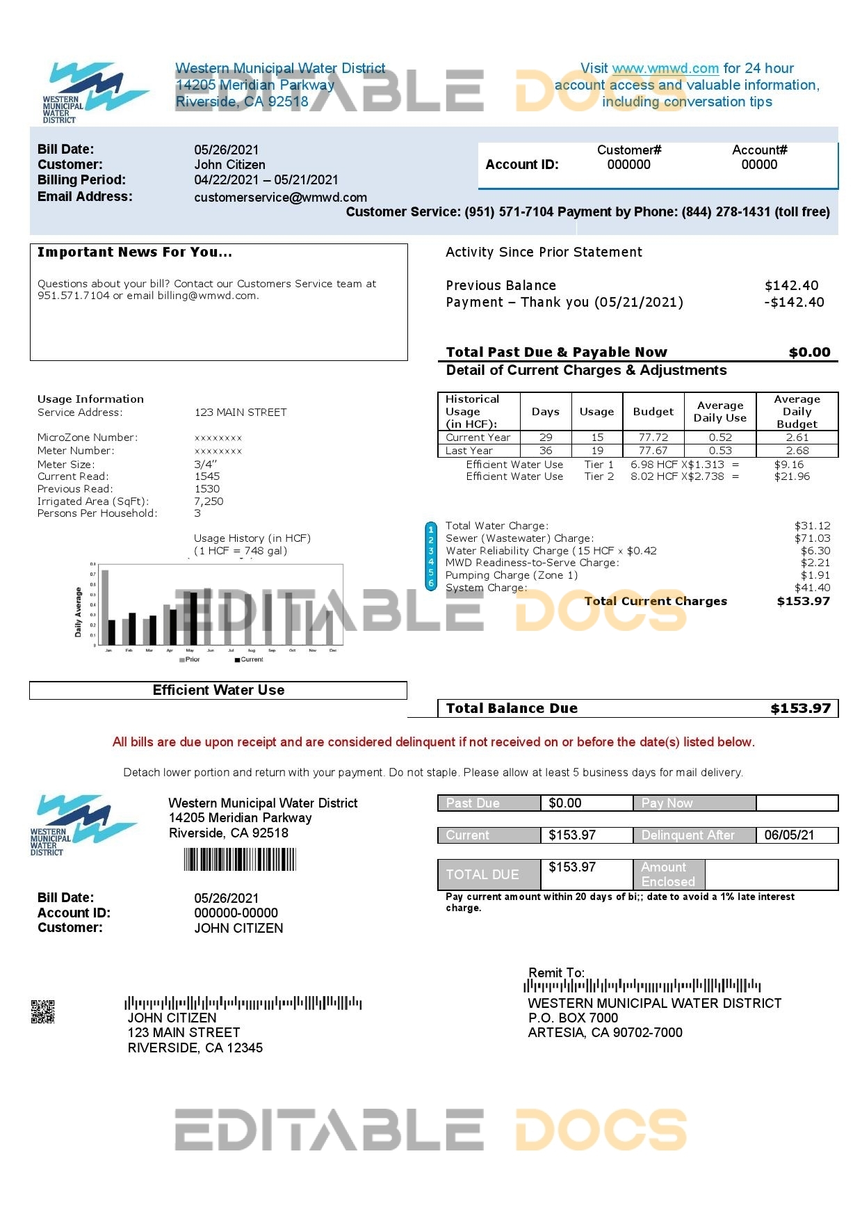 USA Western Municipal Water District utility bill template in Word and PDF format