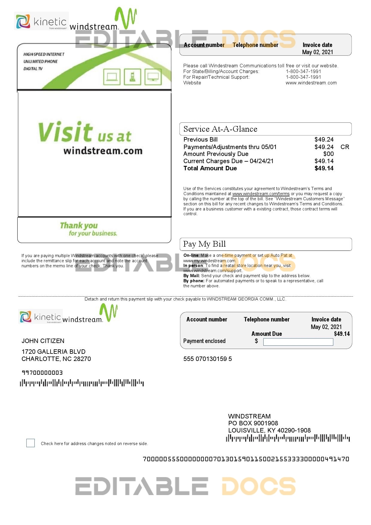 USA Windstream Holdings, Inc. utility bill template in Word and PDF format