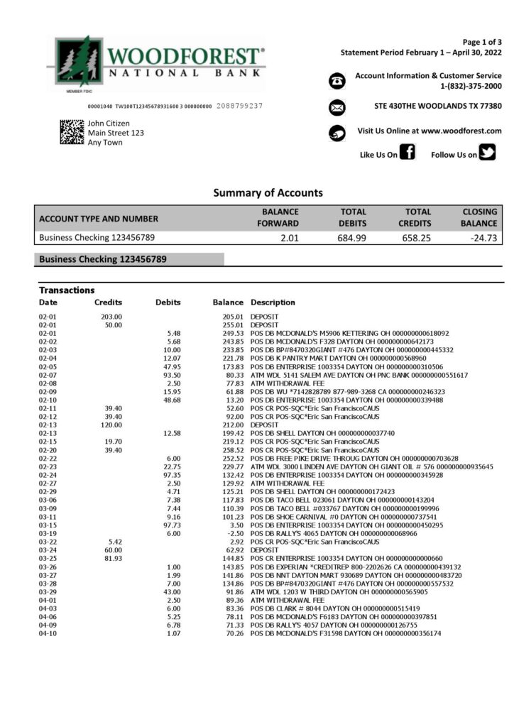 USA Woodforest bank statement Word and PDF template, 3 pages 1