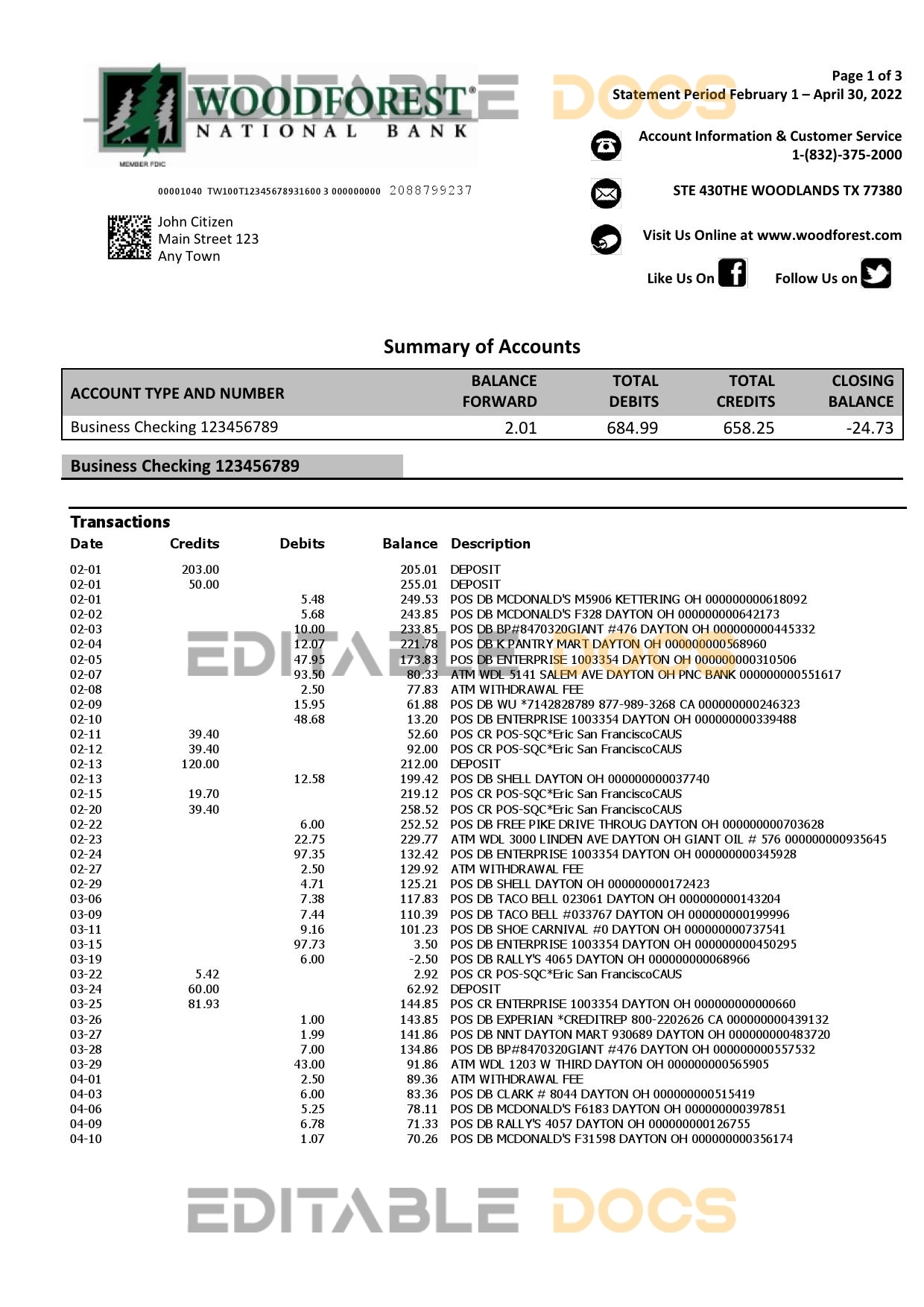 USA Woodforest bank statement Word and PDF template, 3 pages