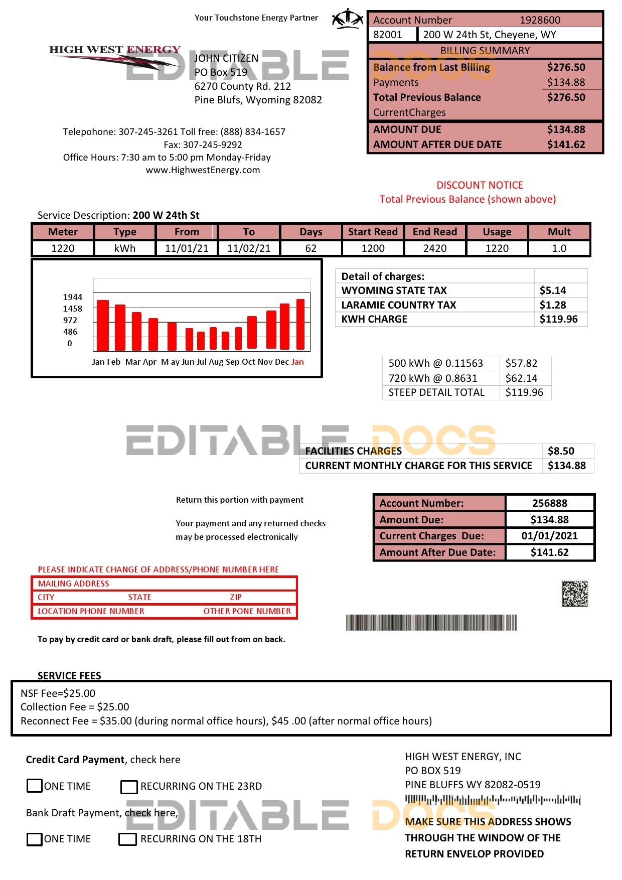 USA Wyoming High West Energy utility bill in Word anf PDF format (2 pages)