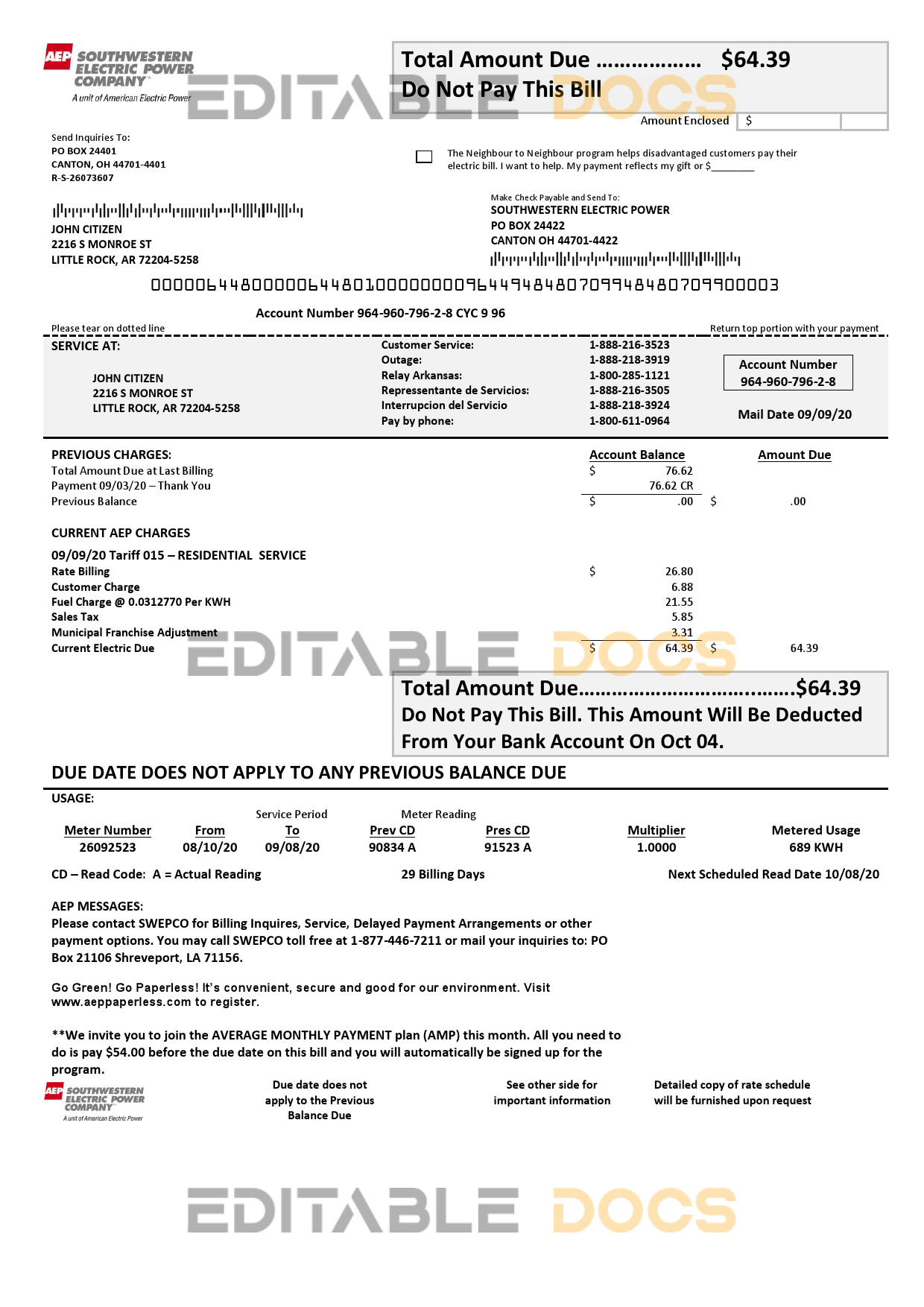 USA Louisiana AEP (Southwestern Electric Power Company) electricity utility bill template in Word and PDF format