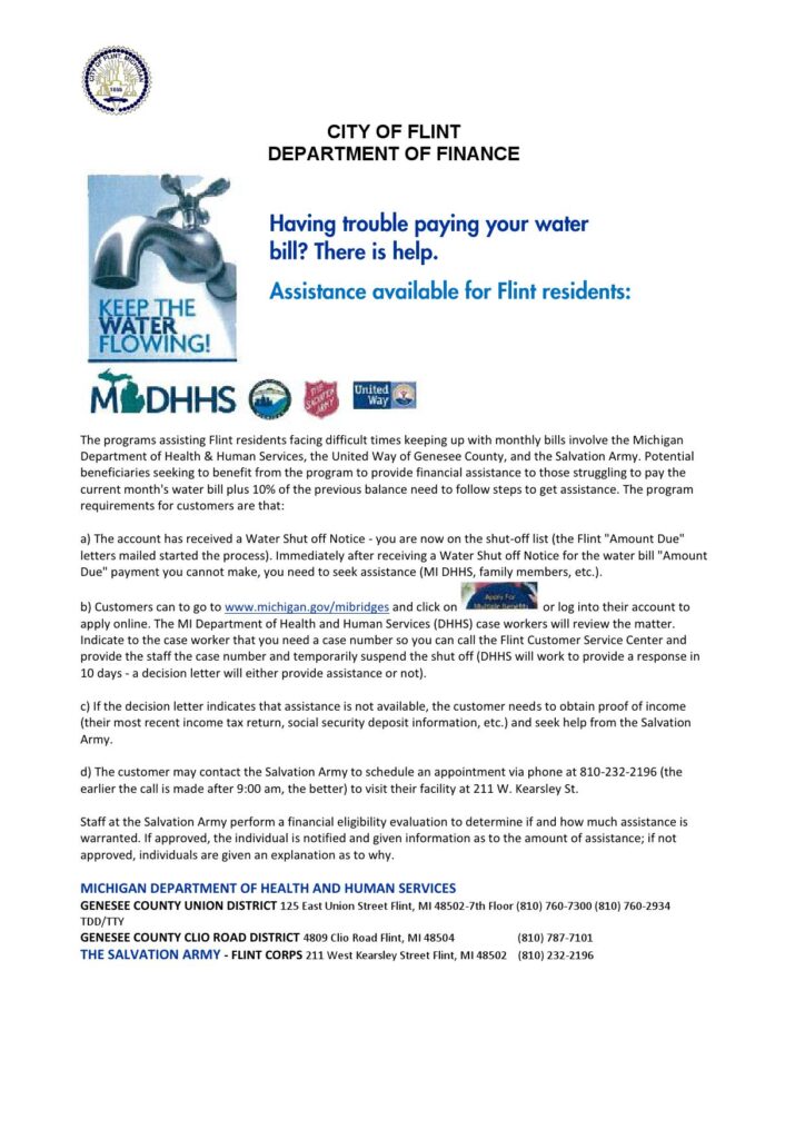 USA City of Flint Michigan Department of Finance utility bill shutoff notice, Word and PDF template
