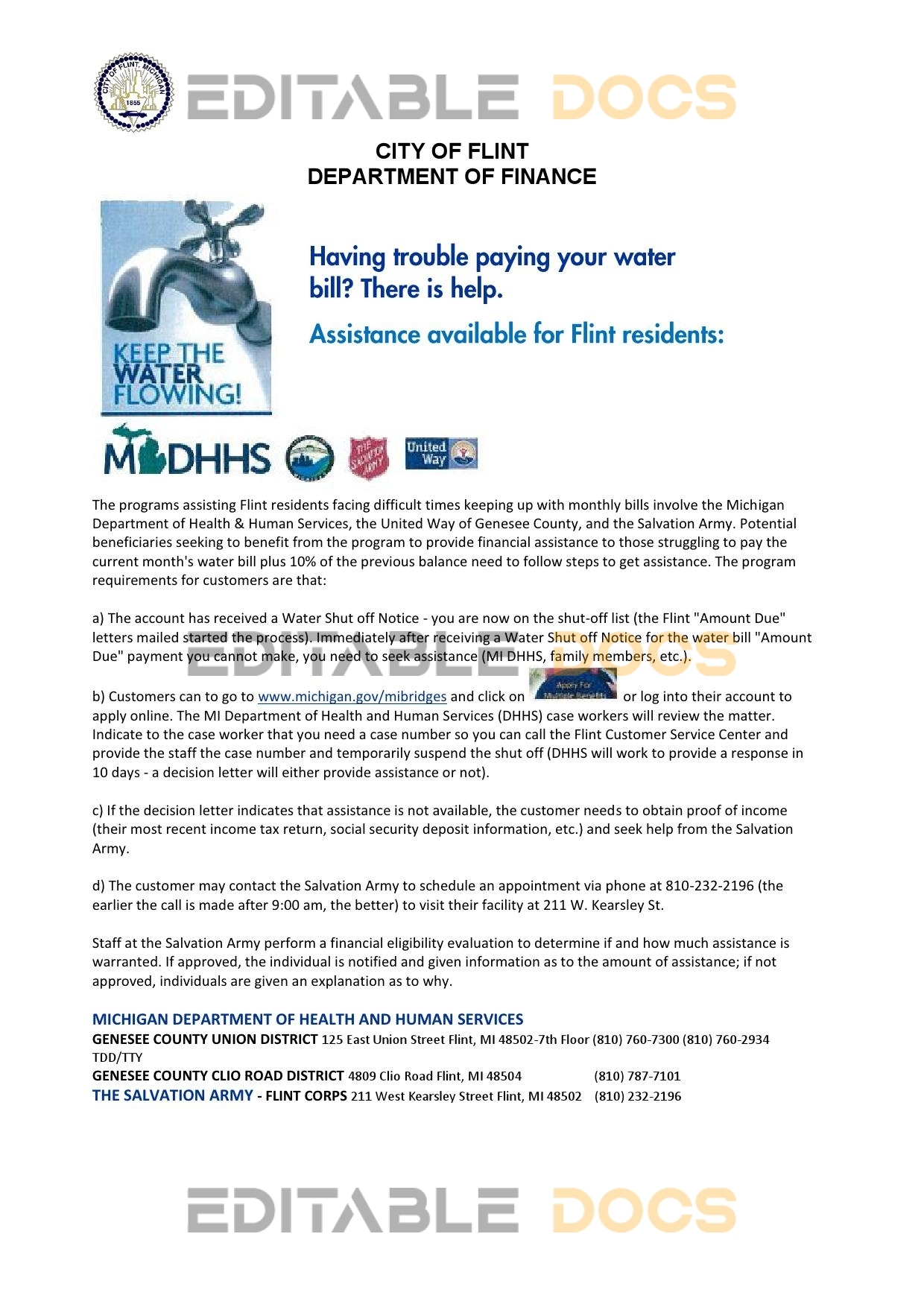 USA City of Flint Michigan Department of Finance utility bill shutoff notice, Word and PDF template