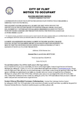 USA City of Flint Michigan Notice to occupant water utility bill shutoff notice, Word and PDF template