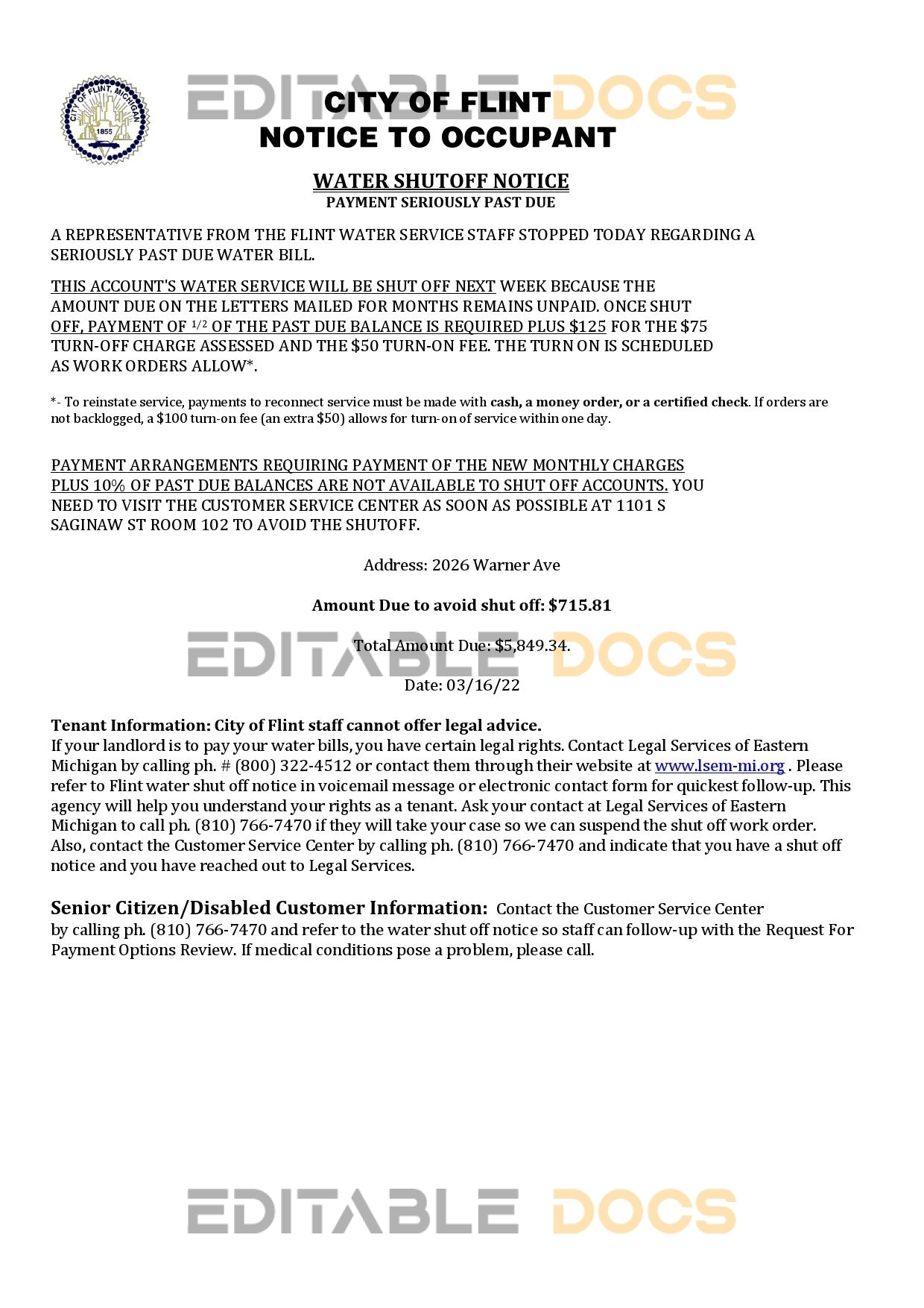 USA City of Flint Michigan Notice to occupant water utility bill shutoff notice, Word and PDF template