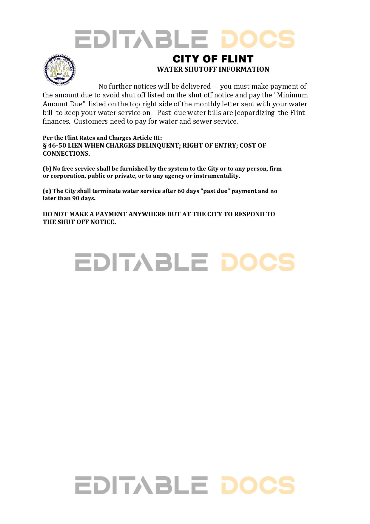 USA City of Flint Michigan water utility bill shutoff notice, Word and PDF template, version 2