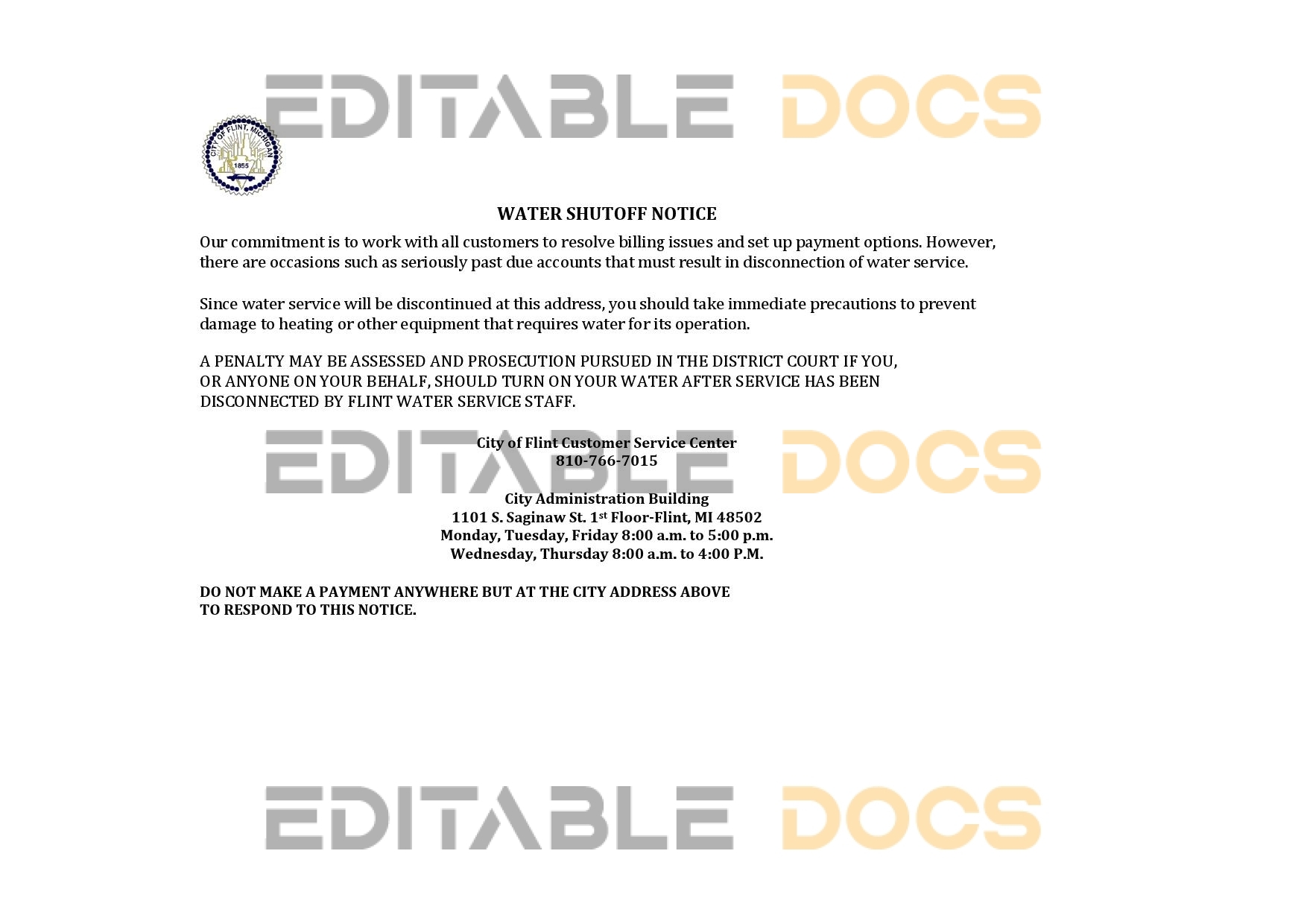 USA City of Flint Michigan water utility bill shutoff notice, Word and PDF template, version 3