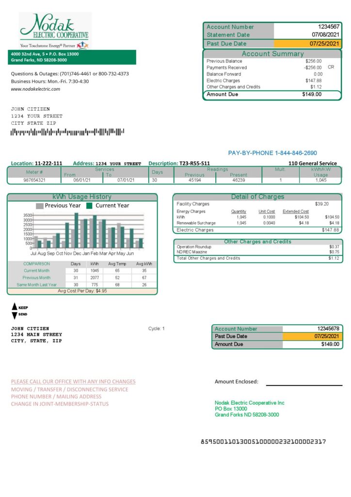USA North Dakota Nodak Electric Cooperative utility bill template in Word and PDF format