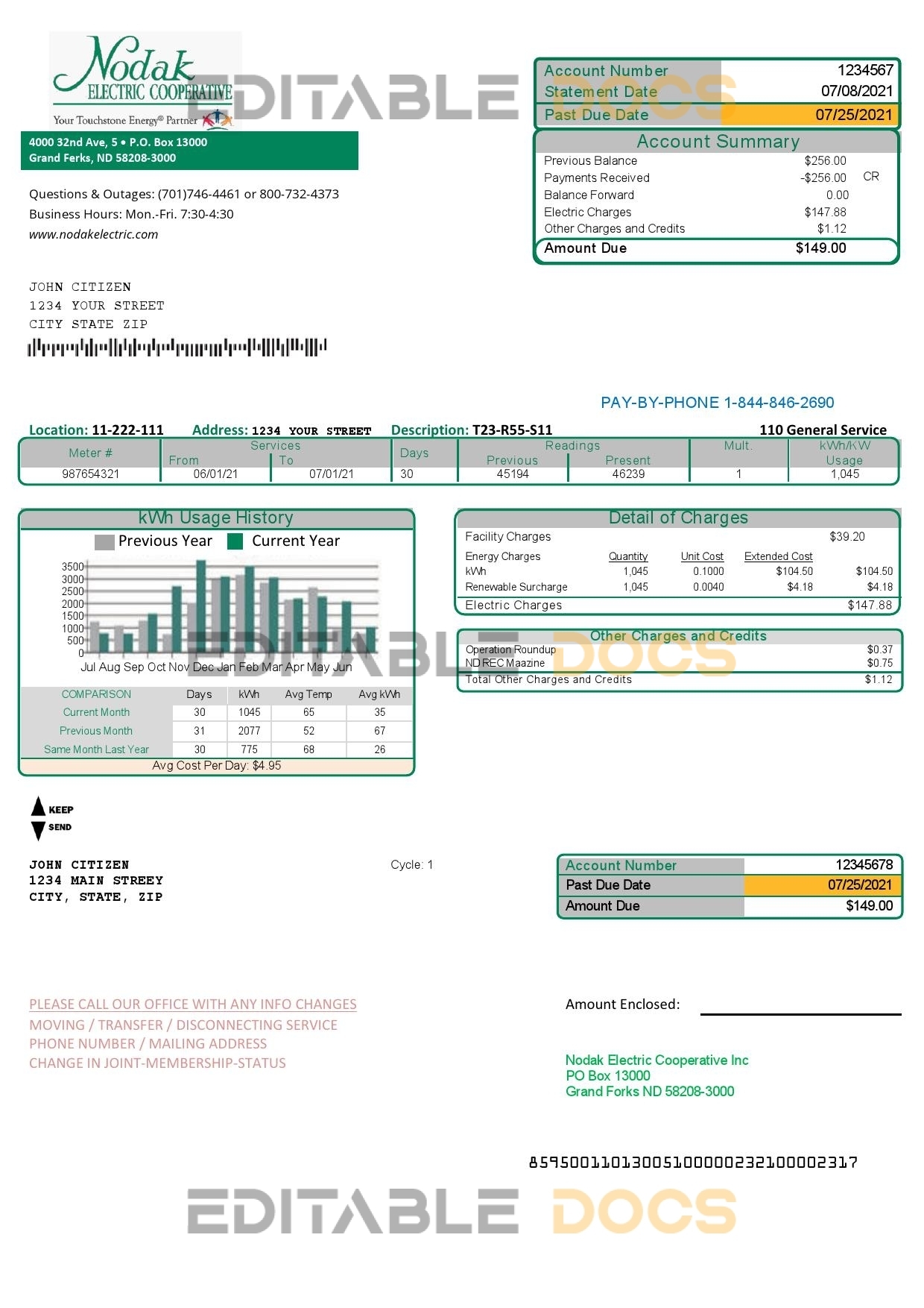 USA North Dakota Nodak Electric Cooperative utility bill template in Word and PDF format