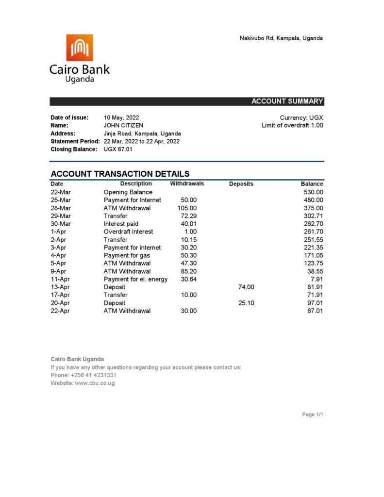 Uganda Cairo bank statement, Excel and PDF template