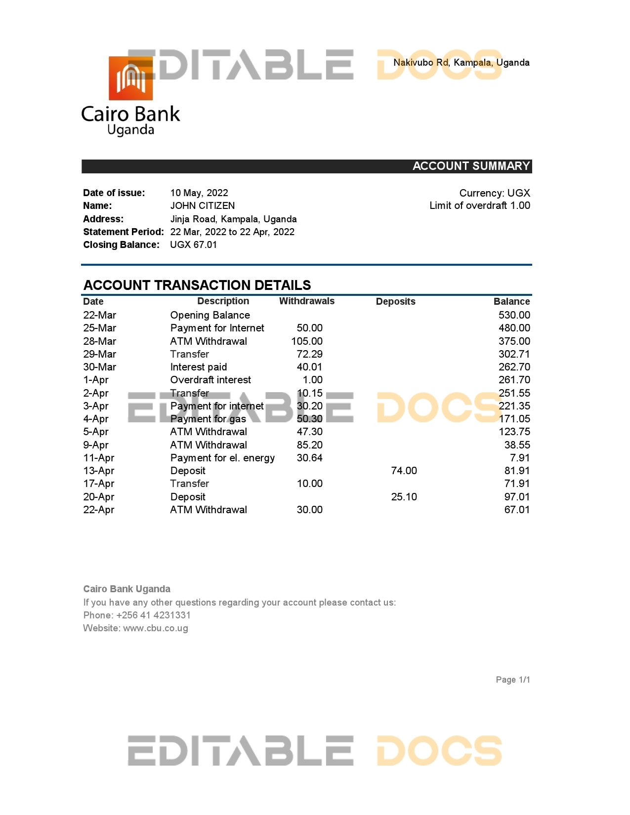 Uganda Cairo bank statement, Excel and PDF template
