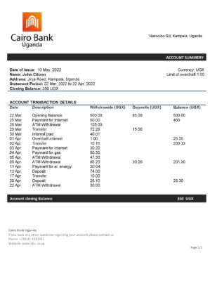 Uganda Cairo bank statement template in Word and PDF format