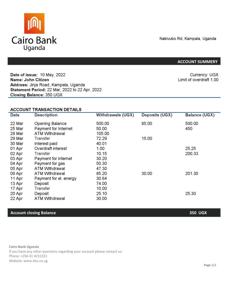 Uganda Cairo bank statement template in Word and PDF format