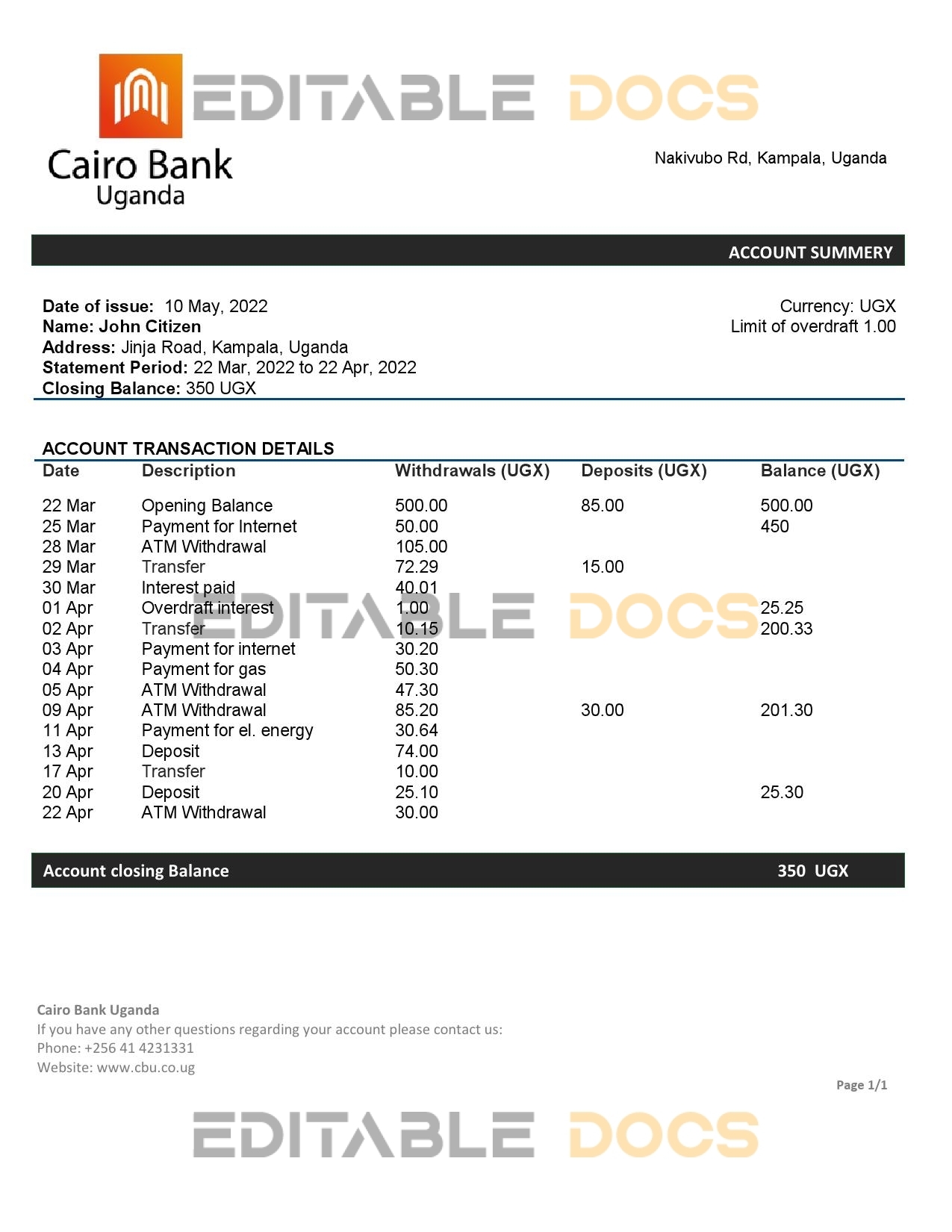 Uganda Cairo bank statement template in Word and PDF format