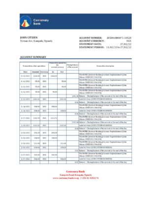 Uganda Centenary bank statement, Excel and PDF template