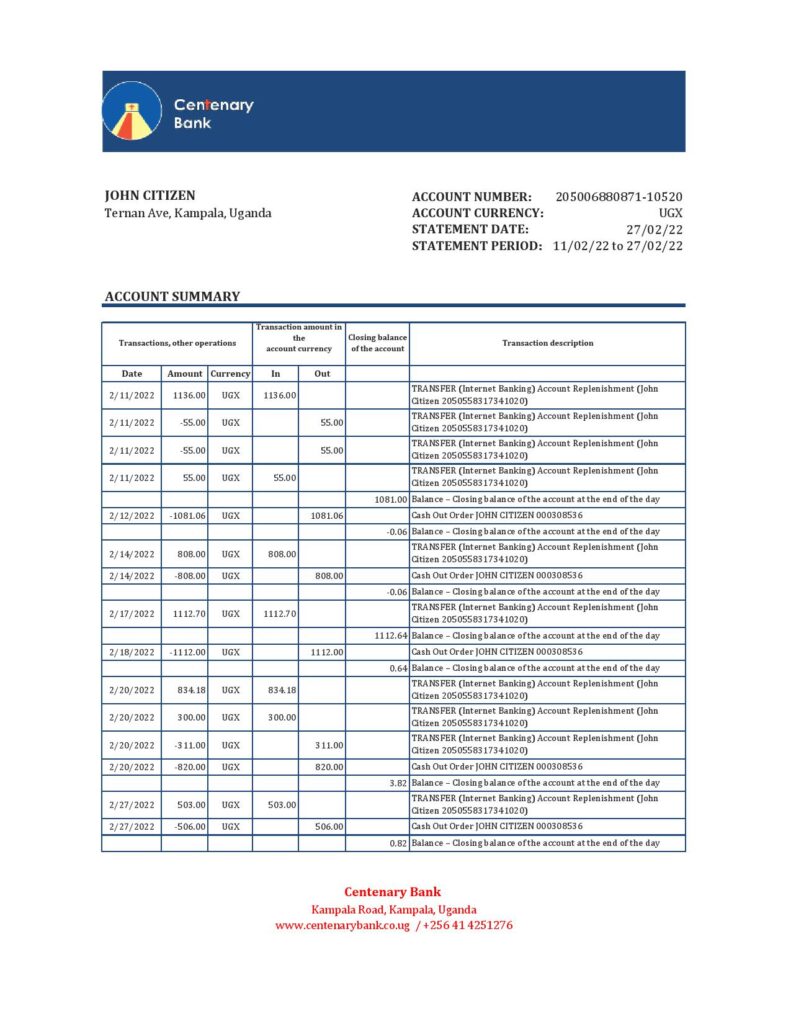Uganda Centenary bank statement, Excel and PDF template