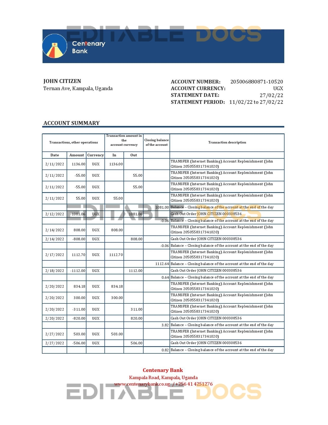 Uganda Centenary bank statement, Excel and PDF template