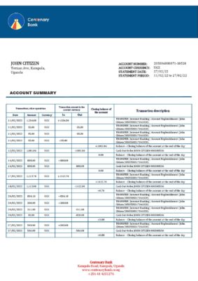 Uganda Centenary bank statement template in Word and PDF format